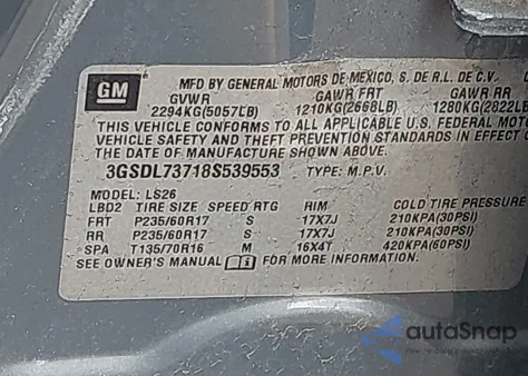 2008 Saturn Vue V6 Xr z USA, uszkodzony, nr VIN 3GSDL73718S539553